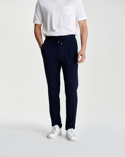 Wool Twill Drawstring Trousers Navy Model 3/4 Image