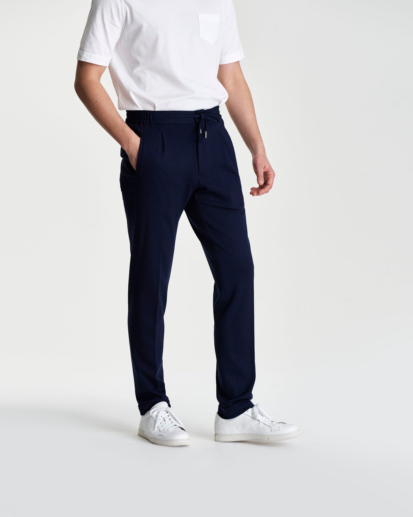 Wool Twill Drawstring Trousers Navy Model Side 3/4 Image