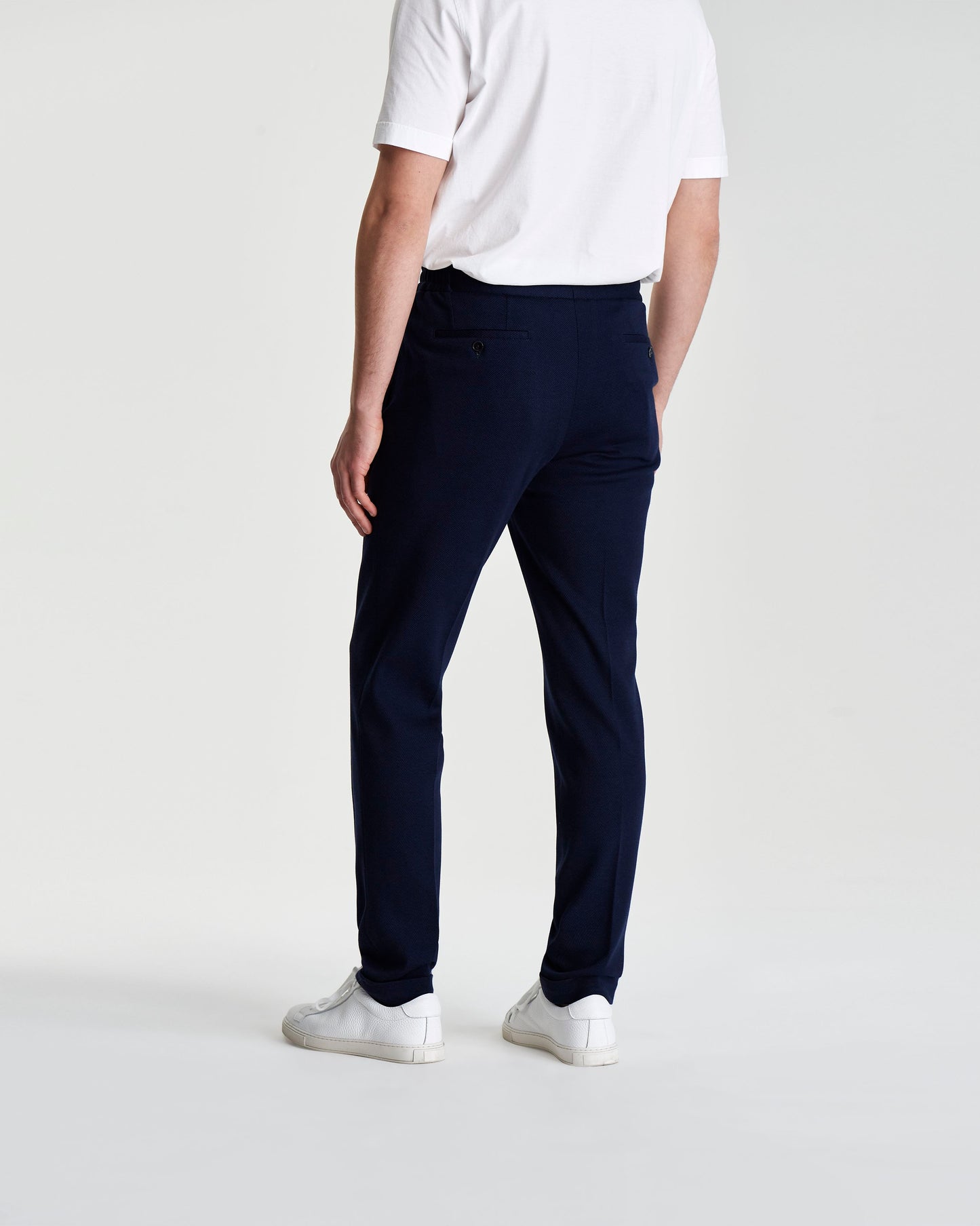 Wool Twill Drawstring Trousers Navy Model Back