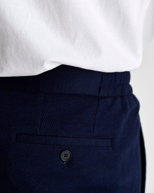 Wool Twill Drawstring Trousers Navy Model Back Pocket Detail