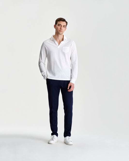Long Sleeve Cotton Pique Polo Shirt White Model Full Length