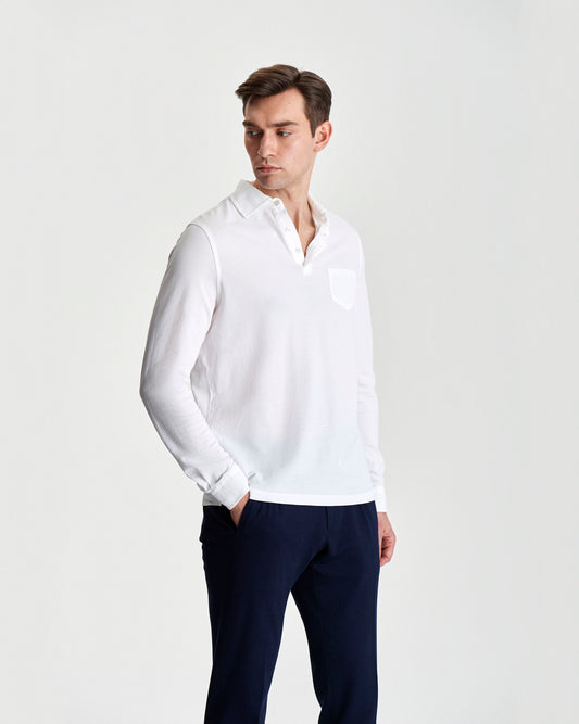 Long Sleeve Cotton Pique Polo Shirt White Model 3/4 length two