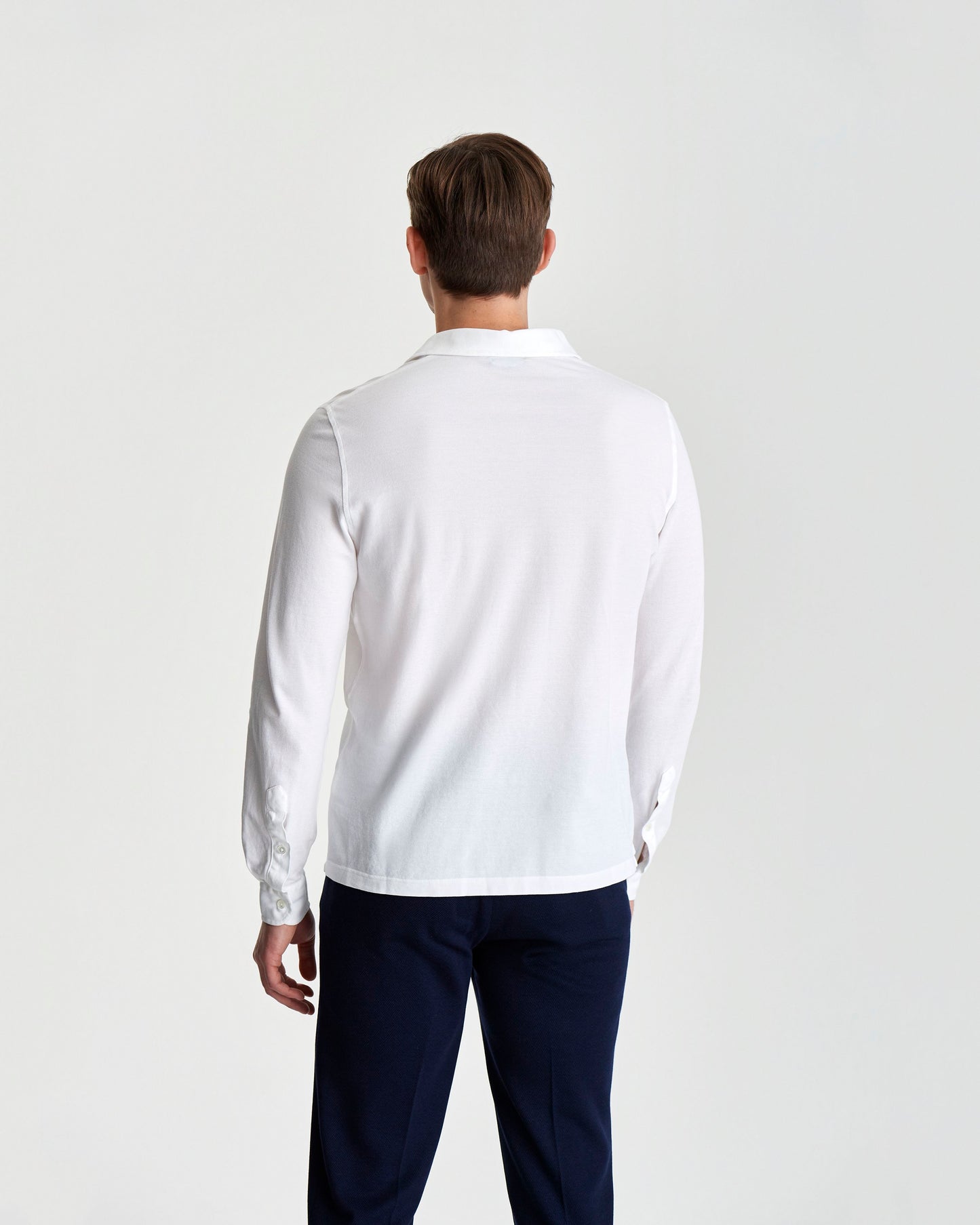Long Sleeve Cotton Pique Polo Shirt White Model  Back