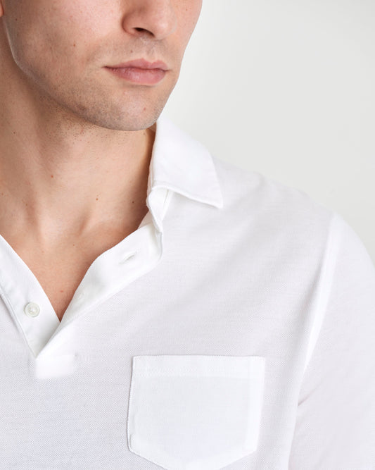 Long Sleeve Cotton Pique Polo Shirt White Model Collar Detail