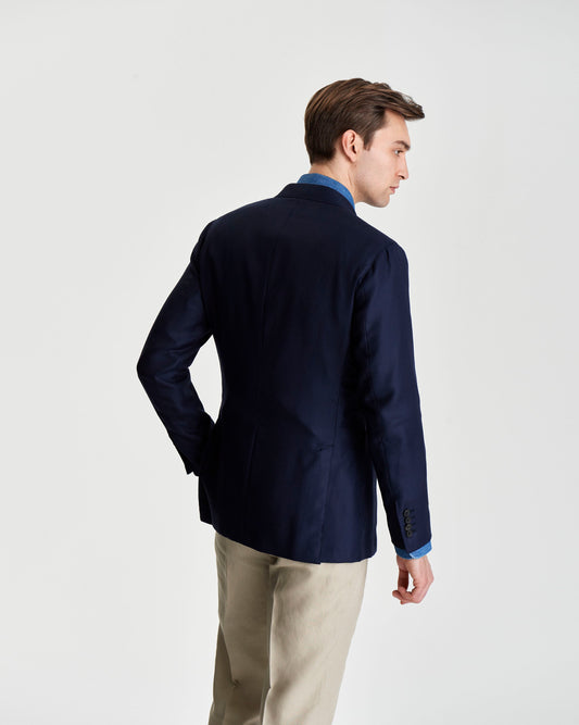 Double Breasted Cashmere Peak Lapel Jacket Navy Model Back