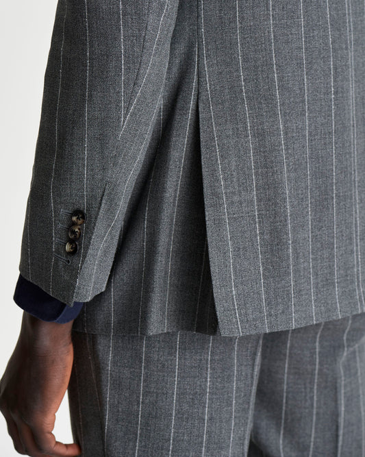 Single Breasted Wool Peak Lapel Suit Grey Pin Stripe Model Cuff Details