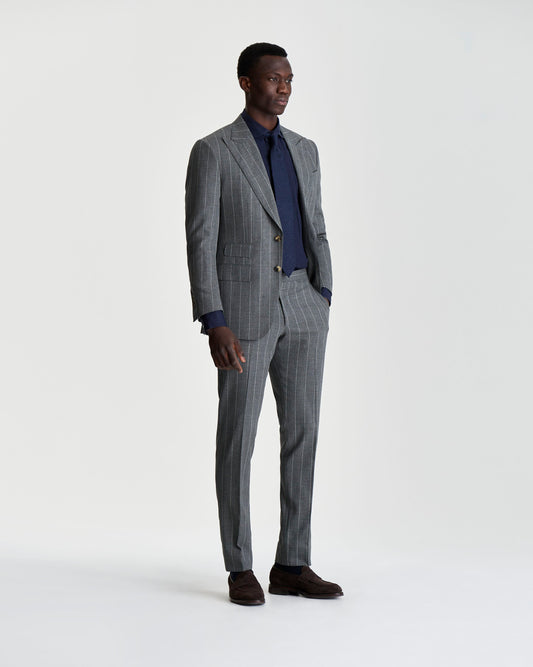 Single Breasted Wool Peak Lapel Suit Grey Pin Stripe Model Side