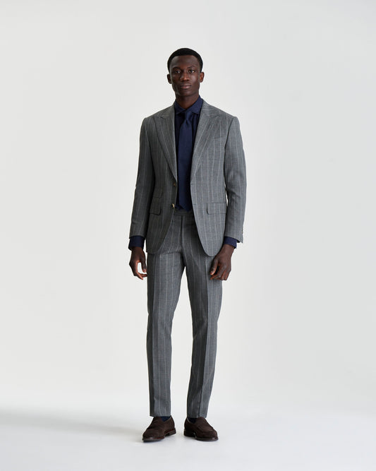 Single Breasted Wool Peak Lapel Suit Grey Pin Stripe Model Full Length