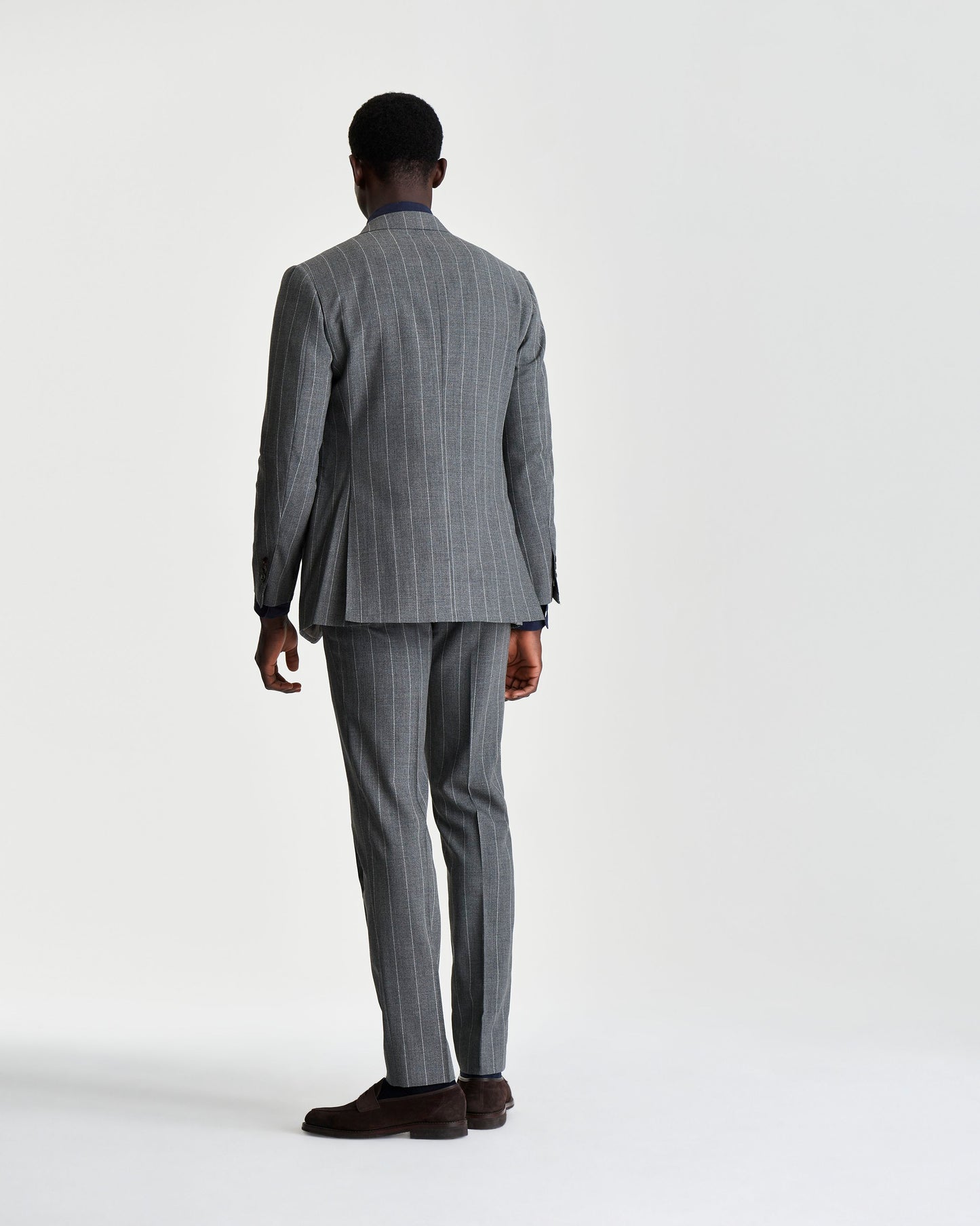 Single Breasted Wool Peak Lapel Suit Grey Pin Stripe Model Back