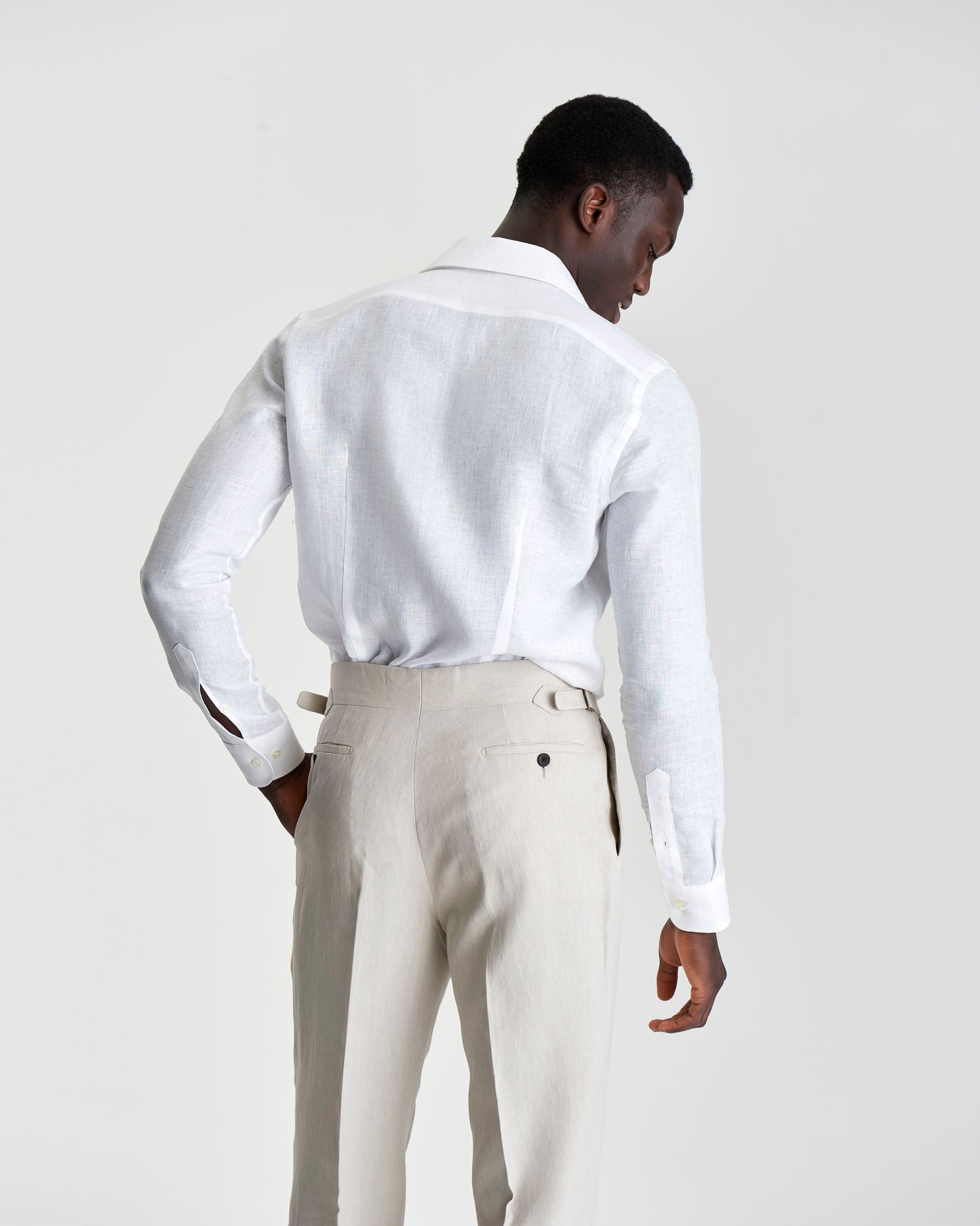 Cutaway Collar Linen Shirt White Model Back