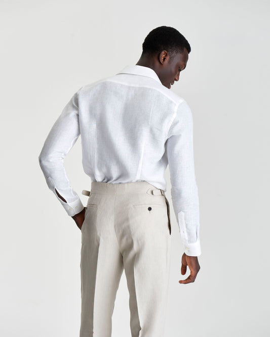 Cutaway Collar Linen Shirt White Model Back