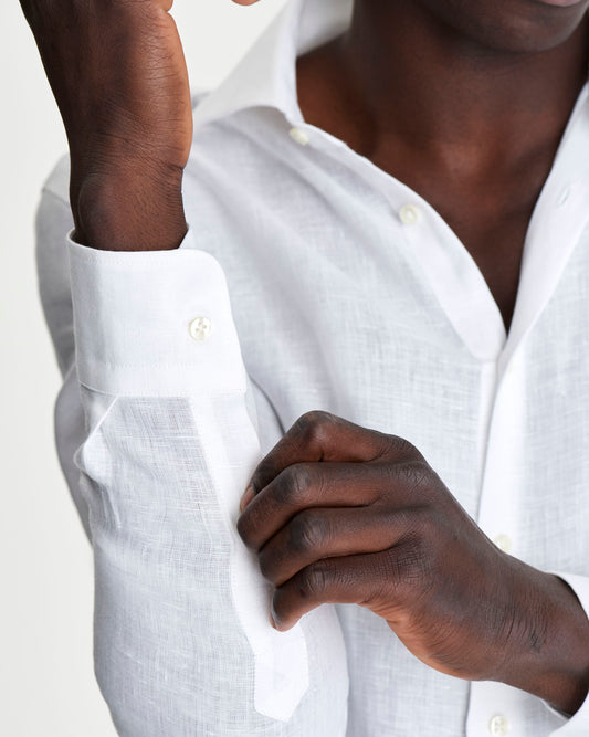 Cutaway Collar Linen Shirt White Model Cuff Detail