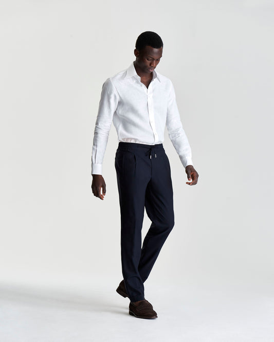 Linen Button Down Collar Shirt White Model Full length image