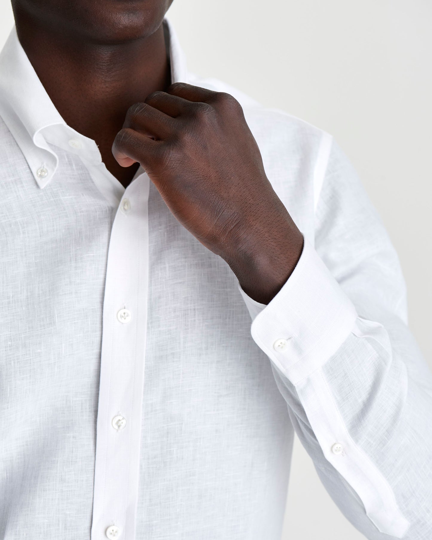 Linen Button Down Collar Shirt White Model Front Details