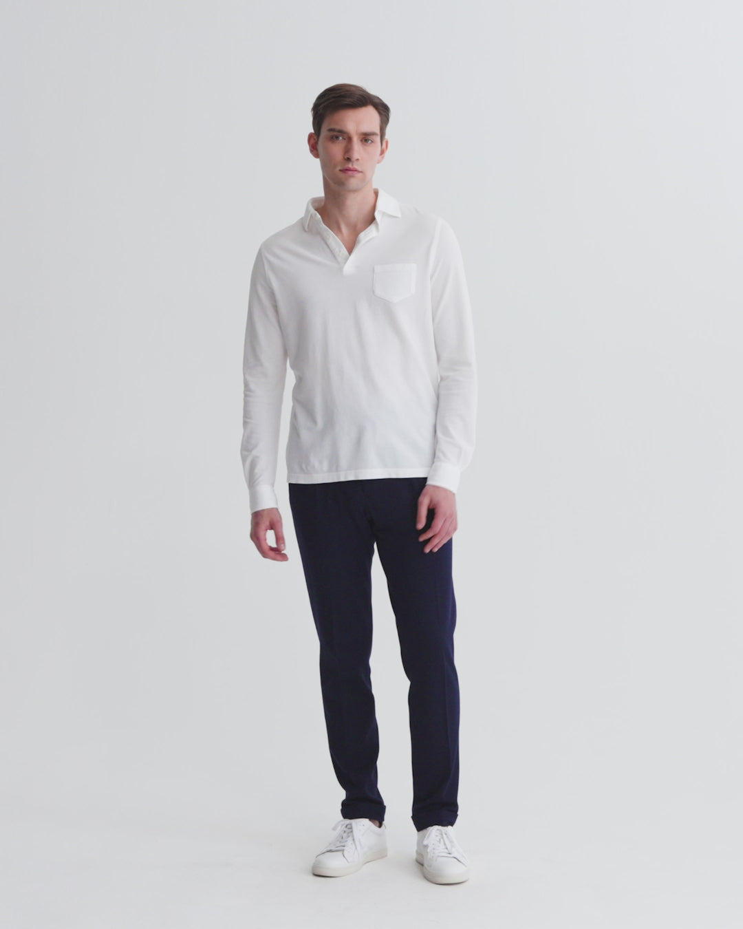 Long Sleeve Cotton Pique Polo Shirt White Model Video