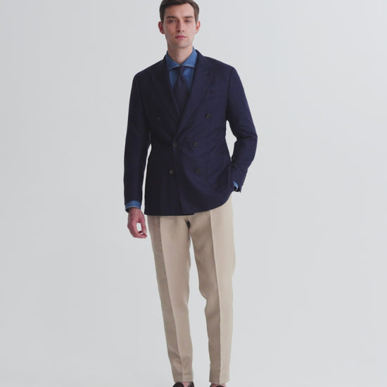 Double Breasted Cashmere Peak Lapel Jacket Navy Model Video